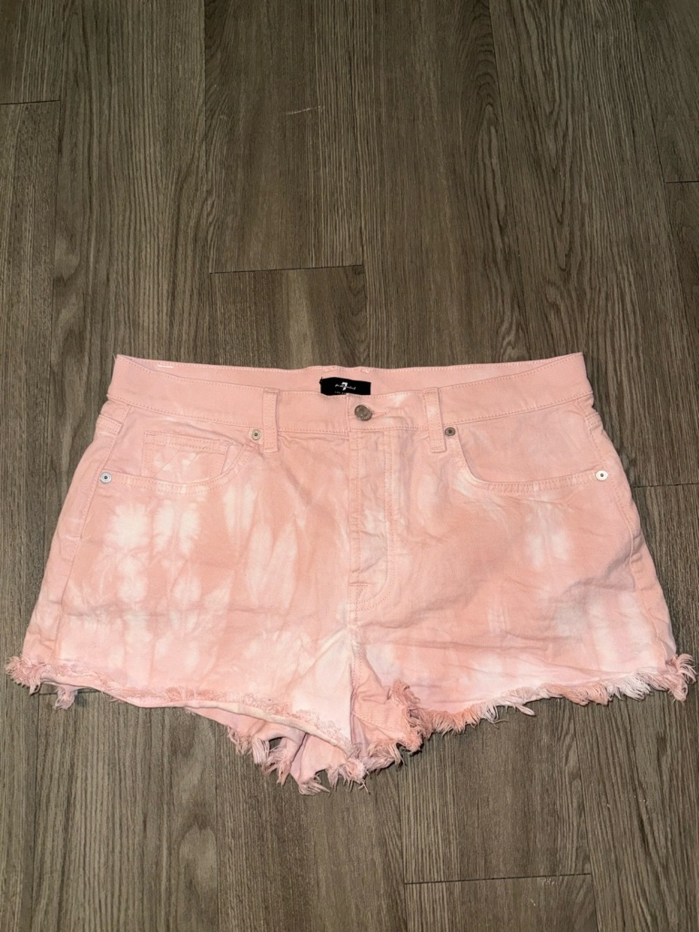 7 For All Mankind Pink Tie-Dye Frayed Hem Jean Shorts